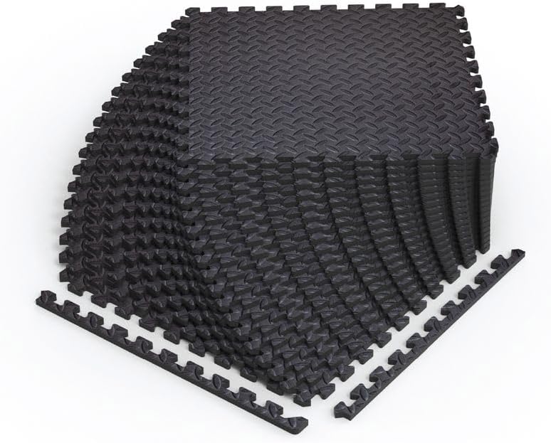 Norsk Foam Floor Gym Mats with Interlocking Tiles, .47" Thick, 24"x24", 18-Pack, 72 Square Feet, Diamond Plate Design, Black