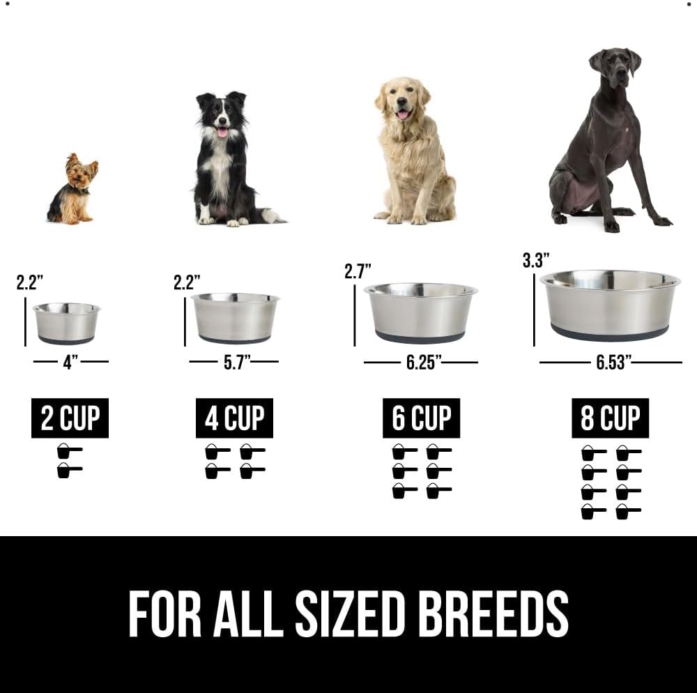 GORILLA GRIP Set of 2 Dog Bowls, Heavy Duty Metal Food and Water Bowl for Feeding Dogs and Cats, Dishwasher Safe, Rust Resistant Stainless Steel, BPA Free Rubber Base, Holds 2 Cups (16 fl oz), Gray