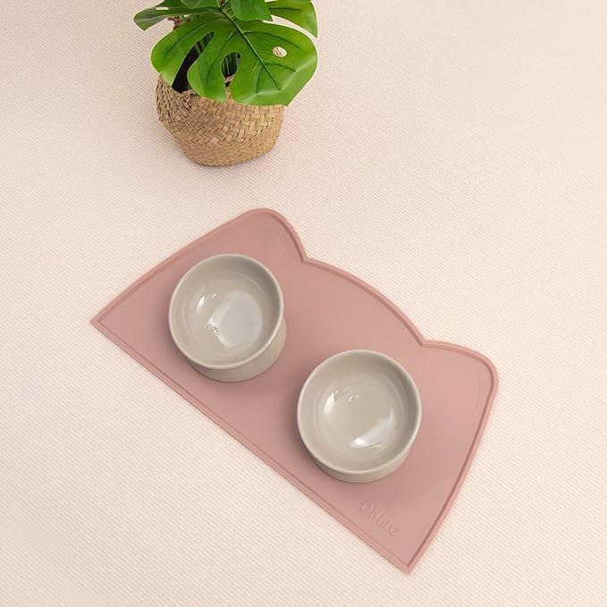 OHMO - Cat Food Mat, Silicone Pet Feeding Mat for Floor Non-Skid Waterproof Dog Water Bowl Tray, Easy to Clean Pet Placemat (Rose, 18 * 9.8'')