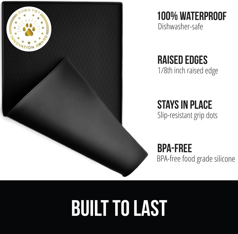 GORILLA GRIP 100% Waterproof Raised Edge BPA Free Silicone Pet Feeding Mat, Dog Cat Food Mats Contain Spills Protects Floors, Placemats for Cats and Dogs Water Bowl, Pets Accessories 28x18 Black