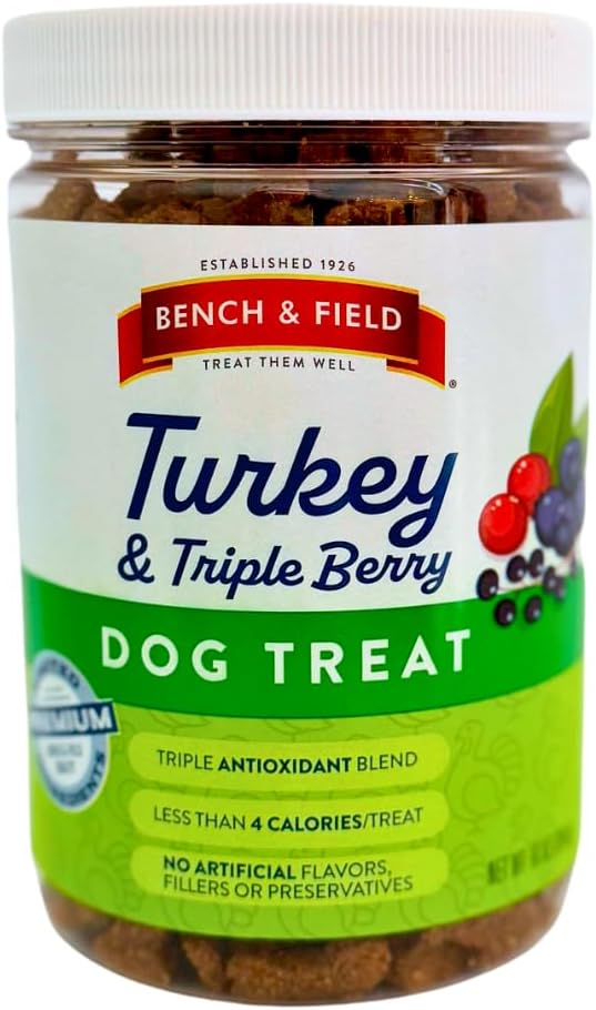 Bench & Field Holistic Natural Turkey & Triple Berry Dog Treats | Crunchy Bone-Shaped Bites | Antioxidant Blend, 10-Ounce Bottle