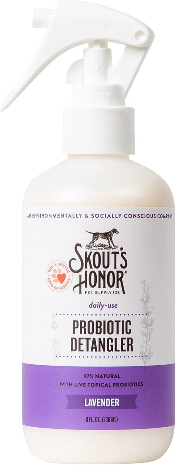 Skout's Honor Pet Detangler Spray - Hydrating & Conditioning with Avocado Oil & Probiotics, 97% Natural, Paraben & Sulfate-Free, softens for a More brushable Coat, Daily Use, 8oz, Lavender