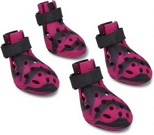 Dog Shoes for Hot Pavement and Snow, Silicone Dog Booties for Small Medium Large Dogs, Waterproof Paw Protectors- Non-Slip, Adjustable Straps, Dog Boots for Beach/Rain/Hiking (Black Pink, M)