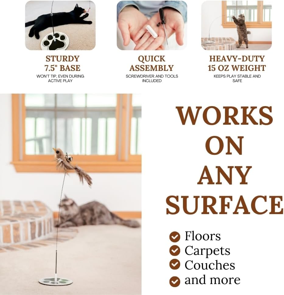 Cat Toys for Bored Indoor Adult Cats Any Surface Base Wand Stimulation Toys for Indoor Cats Cat Feather Toy Cat Feather Cat Toy Wand Juguetes para Gatos Activos Juegos para Gatos