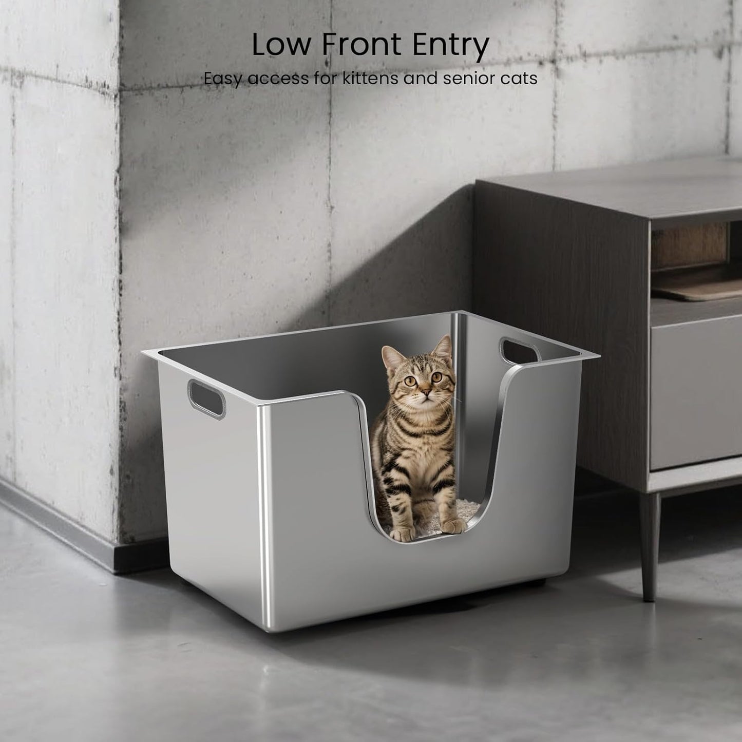 Enclosed Stainless Steel Cat Litter Box 13.8” High Sides, Extra Large Litter Box for Big Cats, XL Metal Kitty Litter Pan Pet Toilet with Wheels for Easy Mobility, Anti-Leakage, Non-Sticky, Easy Clean