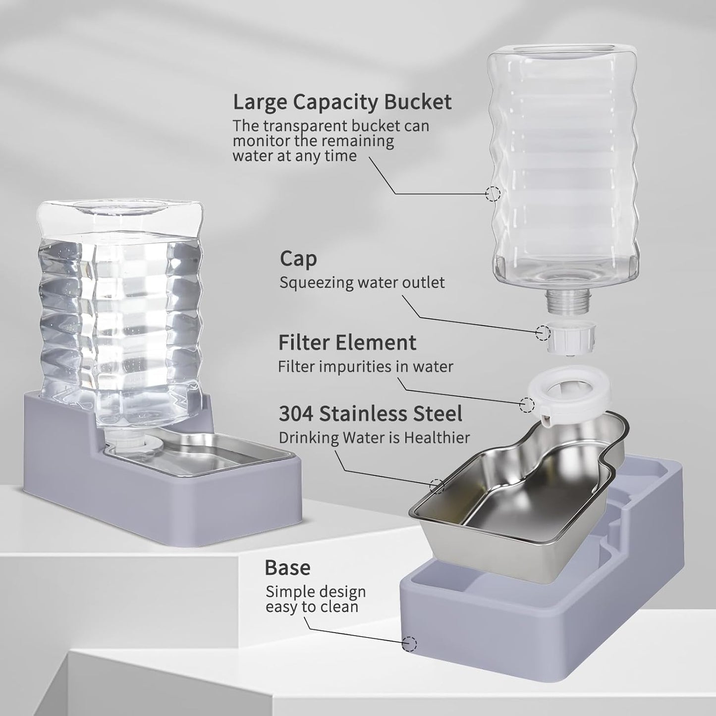 Automatic Water Dispenser Large: Upgraded 100% BPA-Free 8L Light Gray Stainless Steel Bowl Gravity Waterer for Medium/Large Pets