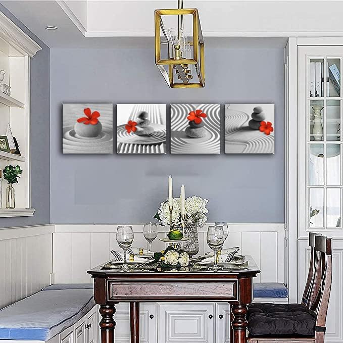 Yxbhhym Bathroom Decor Zen Decor Gray Wall Art Red Floral Wall Pictures Black and White Wall Art Flower Zen Stone Sand Pebble Canvas Print Artwork for Bedroom Living Room Home Wall Decoration