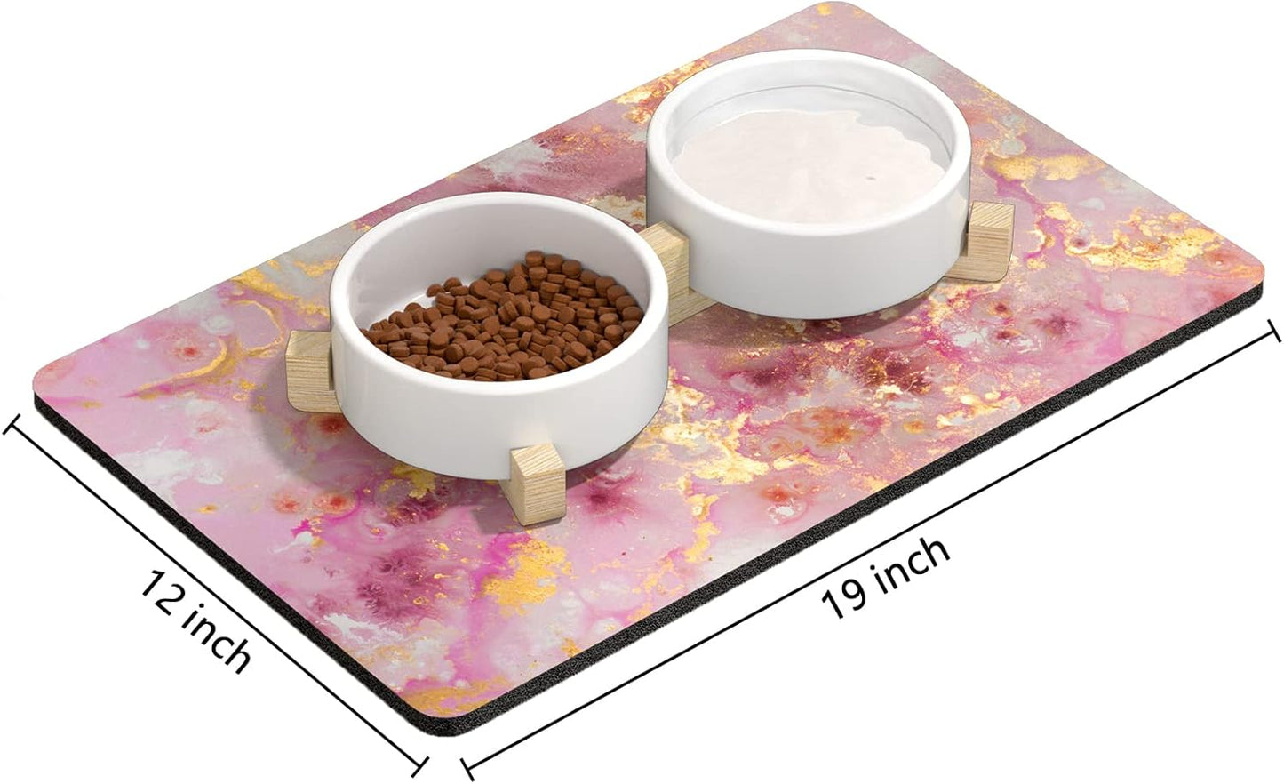 Rnivvi Dog Food Mat, 12" x 19" Absorbent Dog Cat Bowl Mat for Food and Water, Cute Anti-Slip Rubber Pet Feeding Rug Protect Floors, Puppy Placemat for Feeding & Watering Supplies, Pink Gold