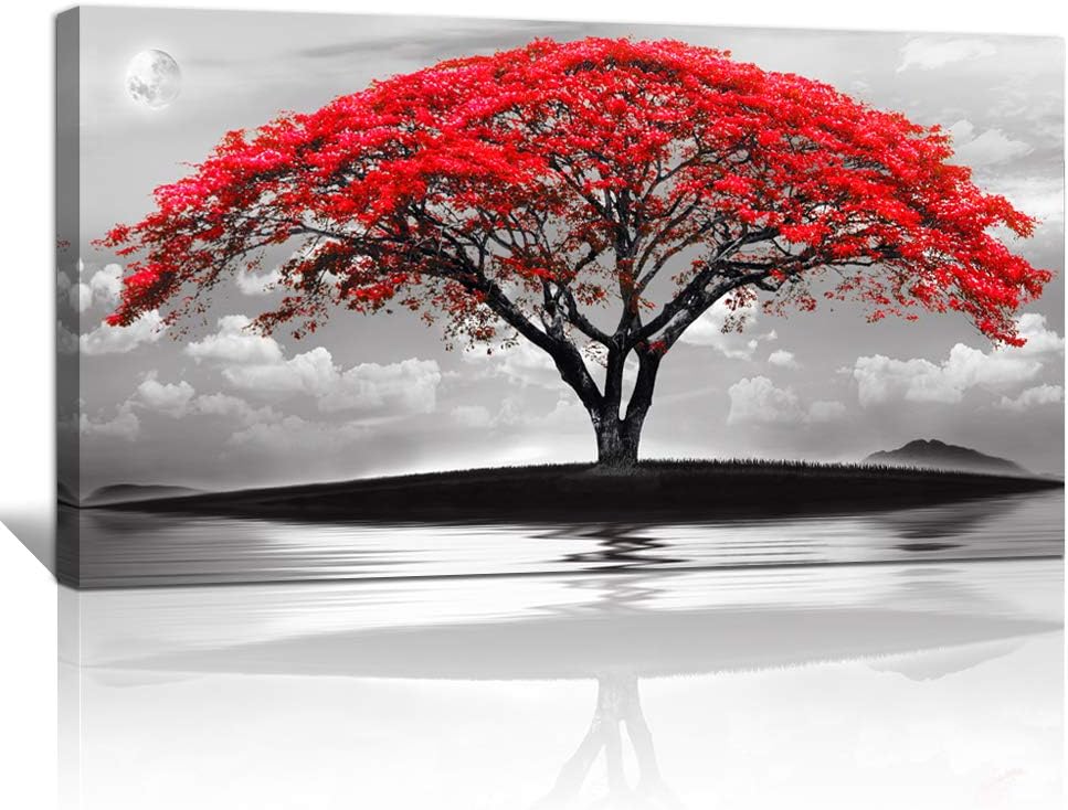 canvas wall art for living room bathroom Wall Decor Black and white landscape red tree moon scenery Hang painting Home Decorations for office bedroom kitchen Works canvas Prints pictures 24" x 48"inch