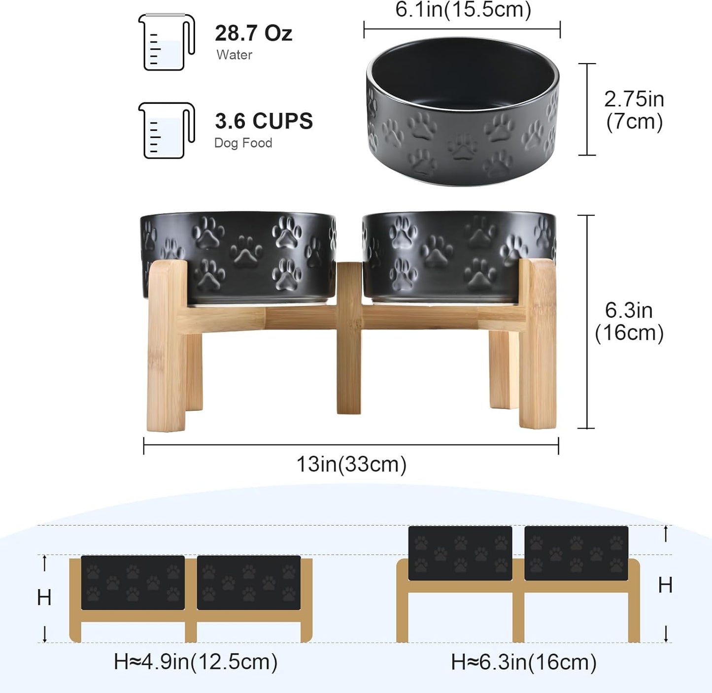 SPUNKYJUNKY Elevated Dog Bowls Ceramic, 6.1'' Dogs and Cat Food Water Bowls Raised with Non-Slip Bamboo Stand for Medium Sized Breed Microwave Dishwasher Safe - 28.7 OZ,Paw Black