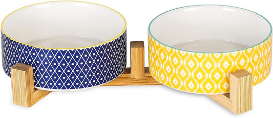 Selamica Ceramic 14 OZ Dog Bowls, Dog Food and Water Bowls with Wooden Stand, Anti-Slip Dog Dishes Set for Cats & Small Dogs, Weighted Pet Bowls Set of 2, Assorted Color A
