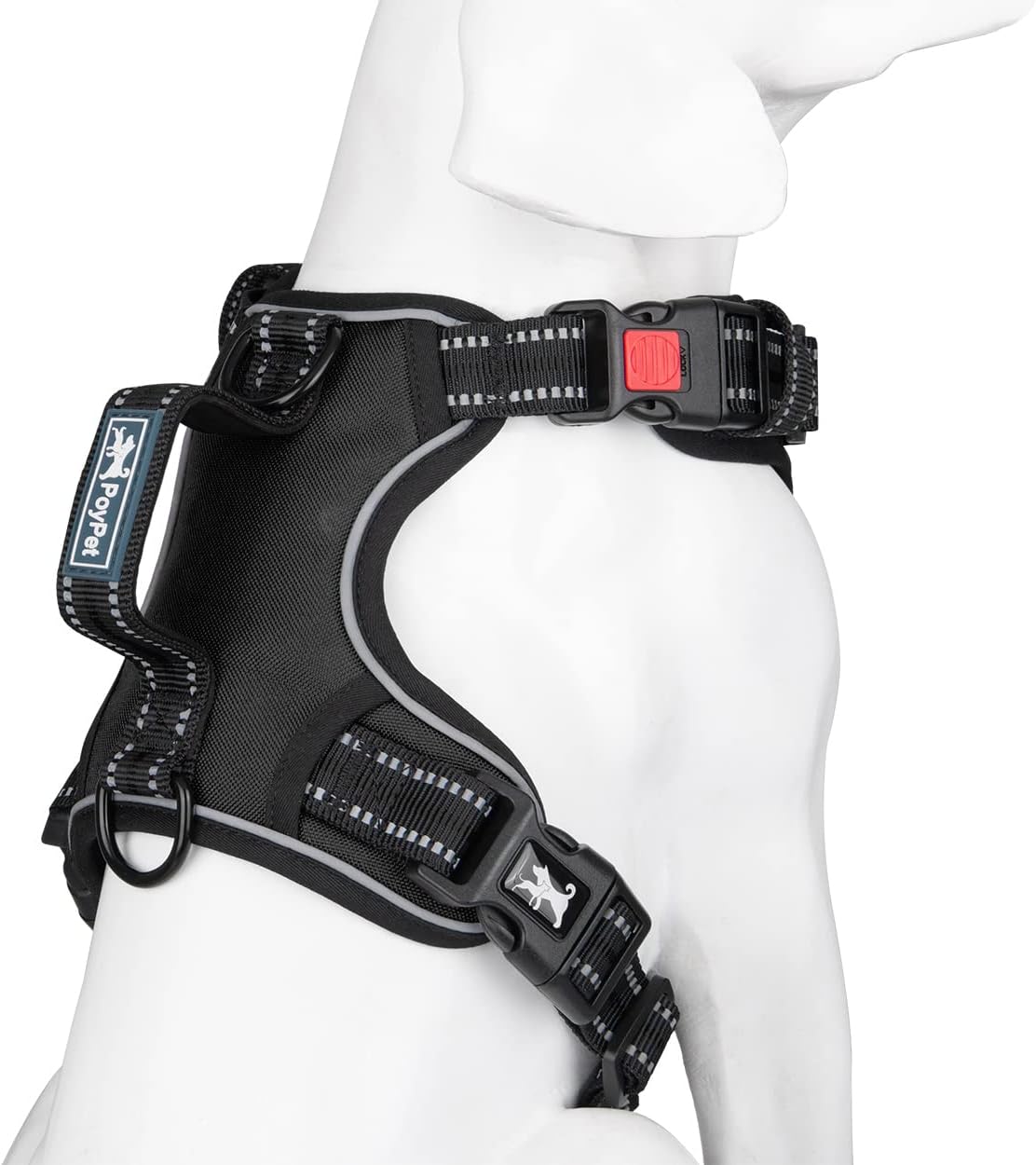 PoyPet No Pull Dog Harness, No Choke Front Clip Reflective Dog Vest with Soft Padded Vertical Handle, 3 Leash Attachments for Small Medium Large Dogs (Black,XL)