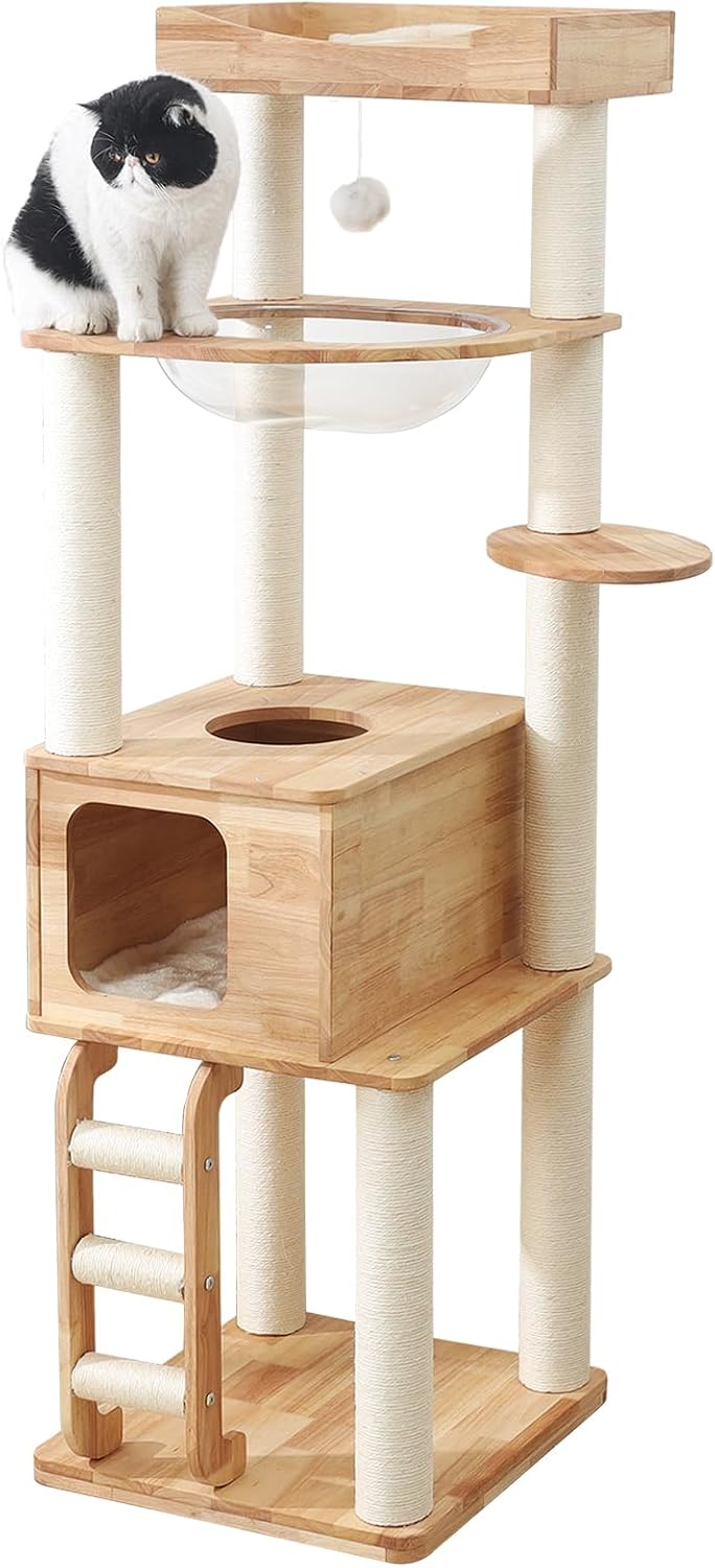 65-inch Tall Cat Tree，Cat Tower for Indoor Cats with Feel-Safe Enclosed Cat Cave、Scratching Post、Space Capsule Nest and Cat Ladder
