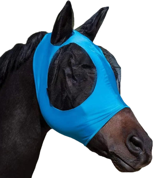 Horse Fly Mask with Ears, Comfortable Fit Stretch Fabric with UV Protection Soft on Skin Breathability for Small/Medium Size Horses (Blue)