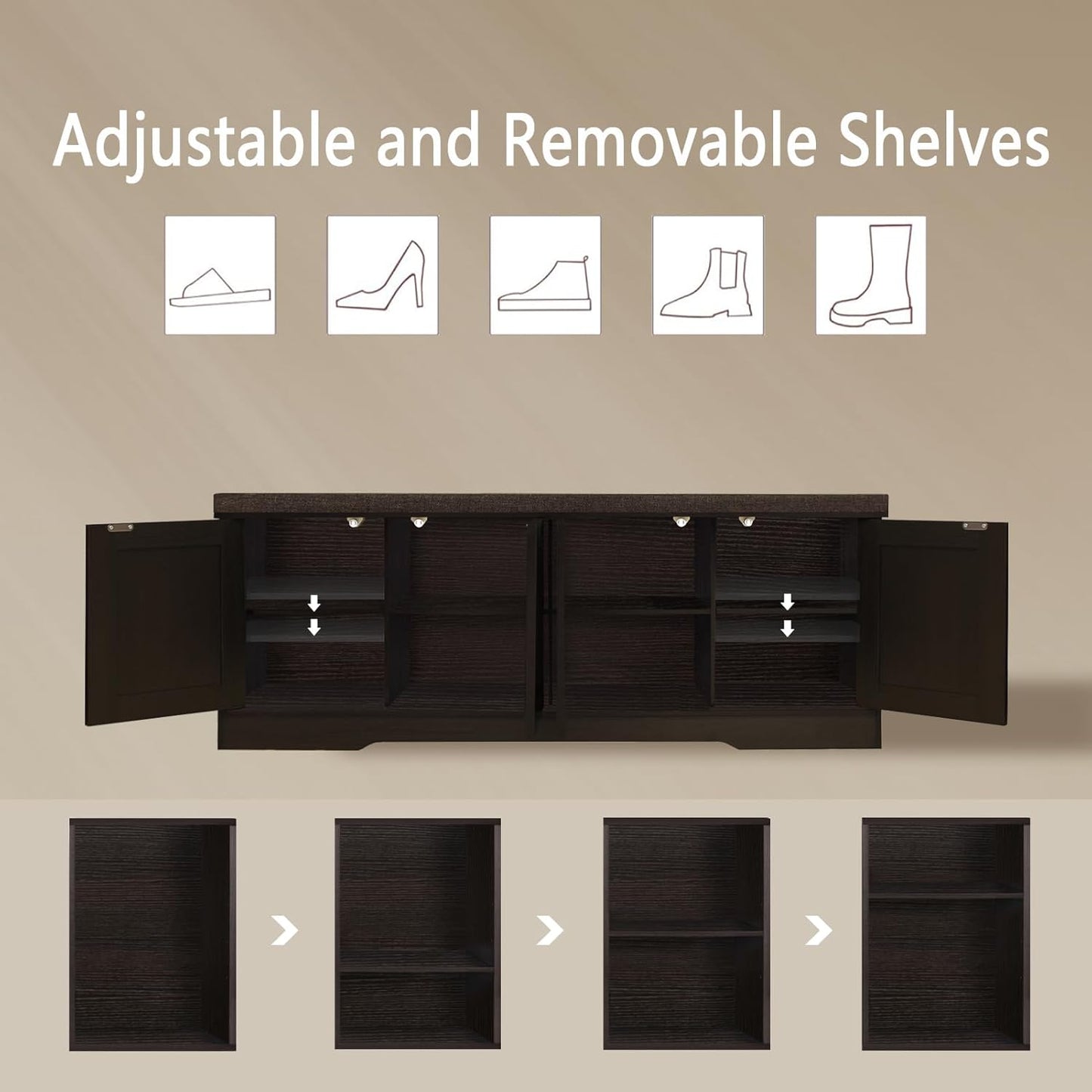 DINZI LVJ Shoe Bench, Entryway Storage Bench with Doors, Cushion, 2-Tier Shoe Rack with 8-Cubby, 47.2”L x 13.8”W Shoe Organizer Cabinet, Adjustable Shelf, Living Room, Bedroom, Espresso with Rattan