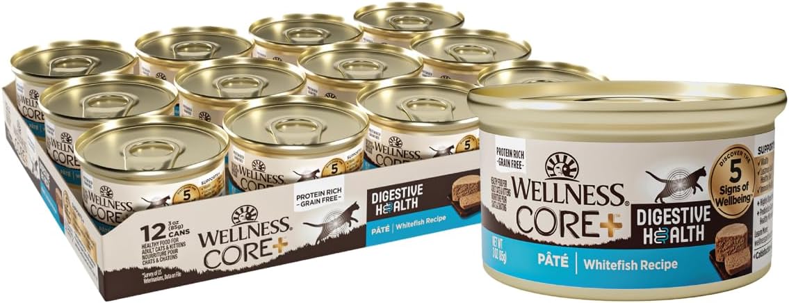 Wellness CORE+ Digestive Health Pate Adult Wet Cat Food, Natural, Protein-Rich, Grain Free, 3 Ounce, 12 Pack (Whitefish)