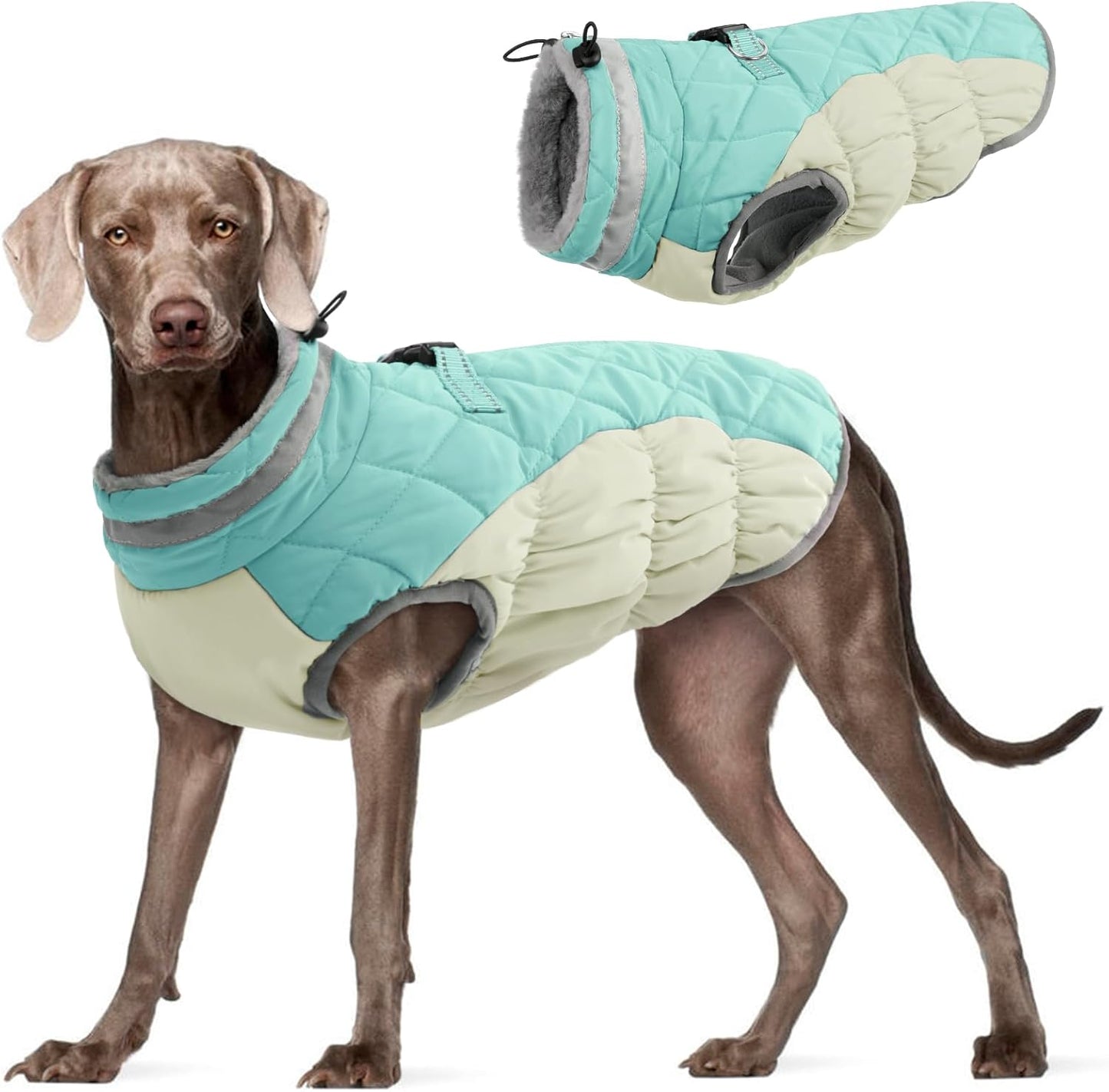 FUAMEY Dog Coat for Large Dogs,Waterproof Dog Winter Jacket with Harness Built in Puppy Cold Weather Coats Reflective Pet Vest with Zipper Warm Fleece Dogs Snowsuit Windproof Mint Green XXL