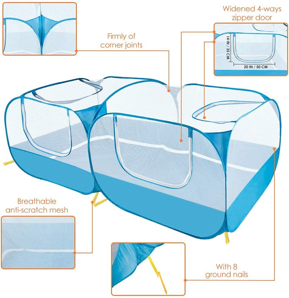 Lukovee Small Animals Playpen, Chicken Pen with Escape-Proof Detachable Bottom & 4 Zipper Doors, Breathable Foldable Portable Large Chicken Run Coop for Puppy Duck Kitten Rabbits Outdoor Yard (Blue)