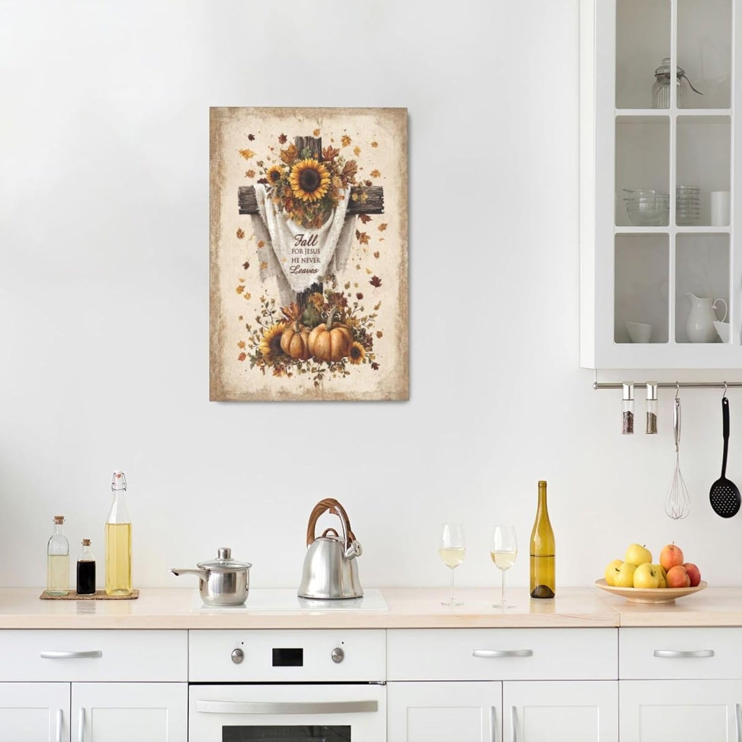 Christian Fall Wall Art Autumn Rustic Cross Sunflower Pumpkin Wall Decor Fall for Jesus He Never Leaves Pictures Painting Print Framed Artwork Decorations Gifts for Living Room Bedroom Prayer Room Office 16"x24"