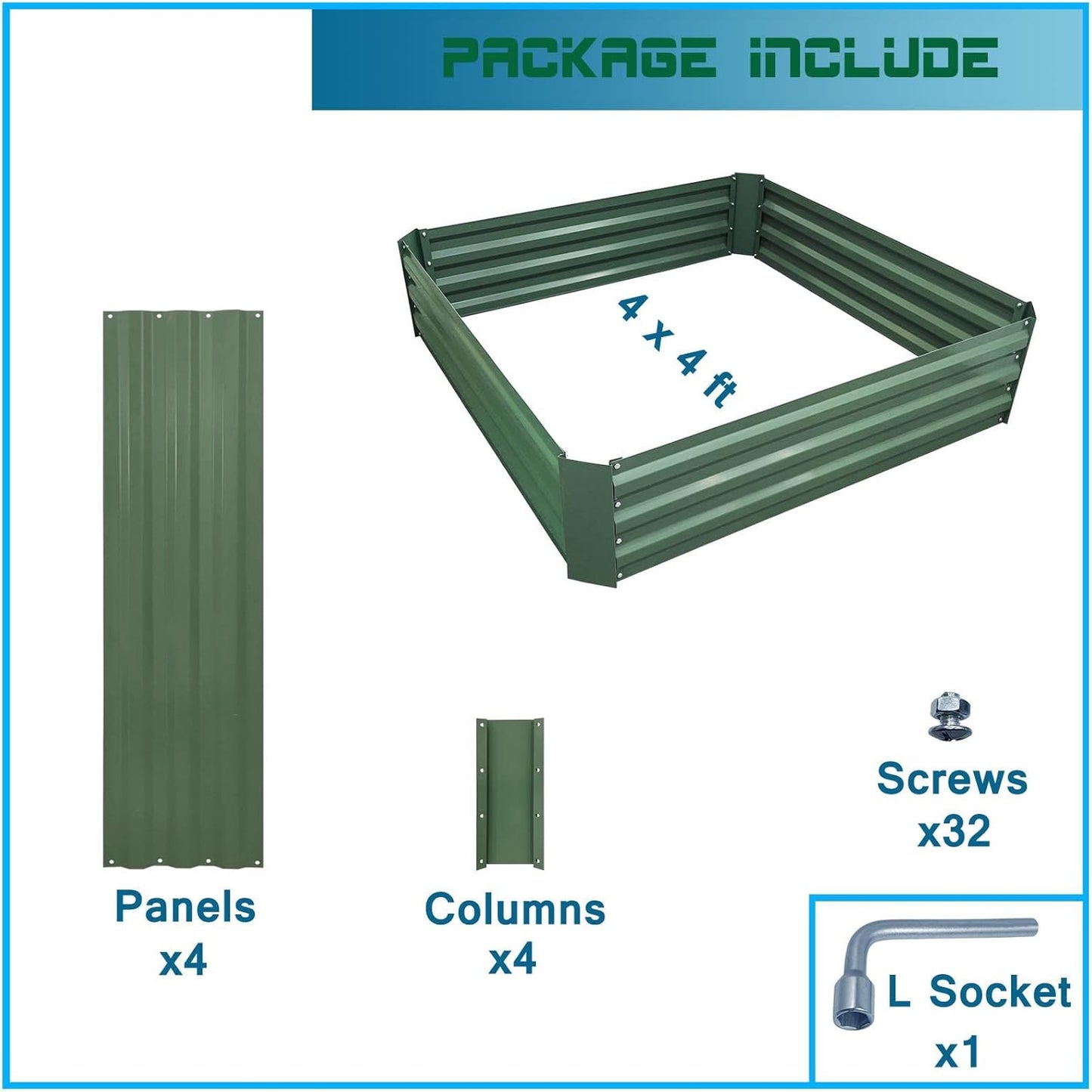 4x4x1ft Metal Raised Garden Bed Kit，Galvanized Garden Bed Box for Vegetables, Flowers, Herbs, and Succulents,120 Gallon Capacity - Green