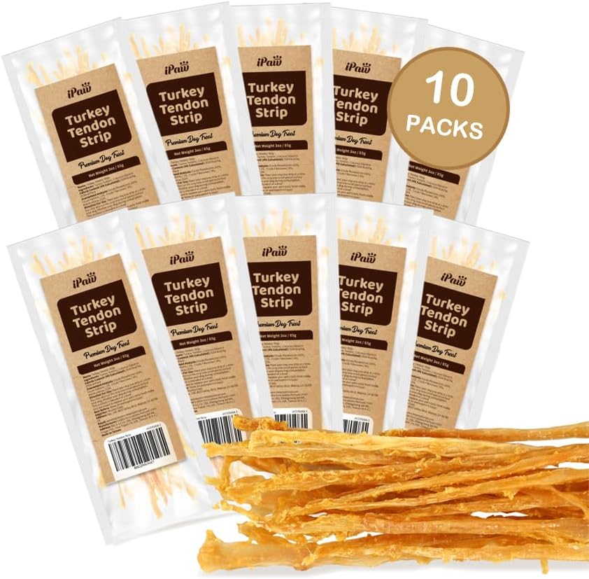 iPaw Turkey Tendons for Dogs, 100% Turkey and US Sourced Raw Material, Hypoallergenic, All Natural Human Grade Puppy Chew, Rawhide Alternative Dog Treats, 10 Unit/Packs Strip