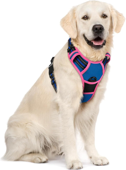 rabbitgoo Dog Harness No Pull with 2 Leash Clips, Adjustable Soft Padded, Reflective Oxford No Choke Pet Vest with Easy Control Handle for Large Dogs, Blue & Hot Pink, XL