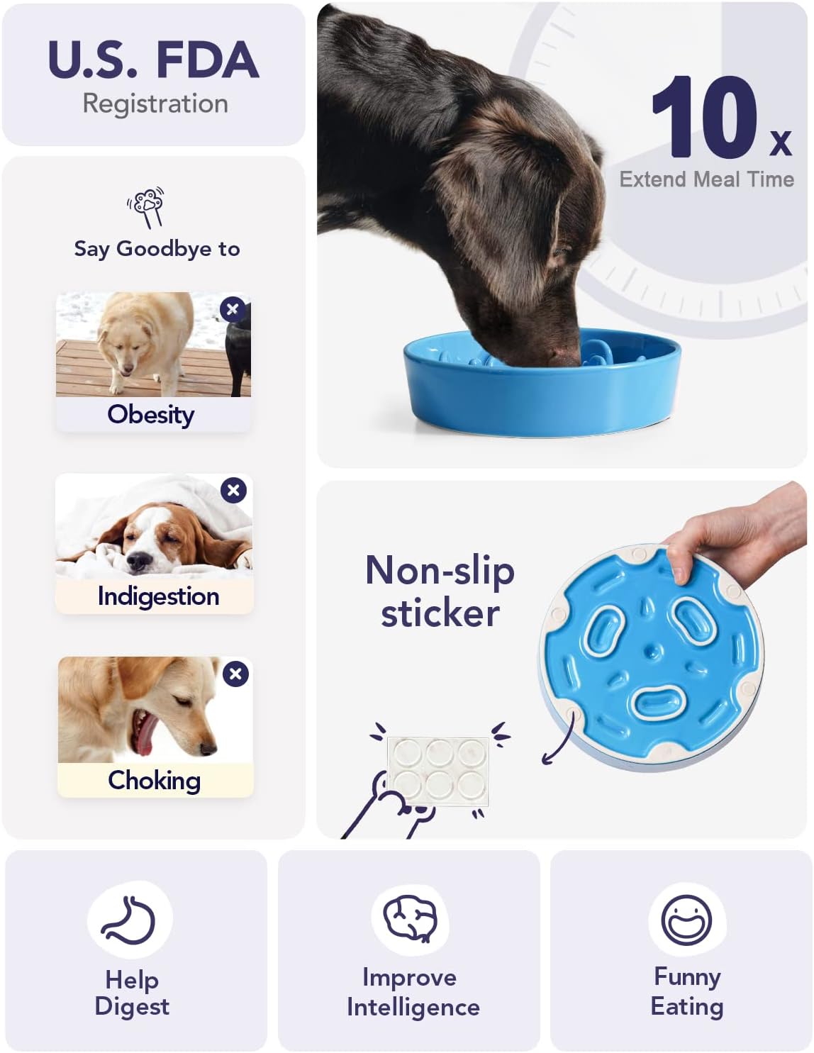 LE TAUCI Slow Feeder Dog Bowls Ceramic, 3 Cups Slow Feeding Dog Bowl Medium Large Breed, Puzzle Pet Dishes,Vortex Blue