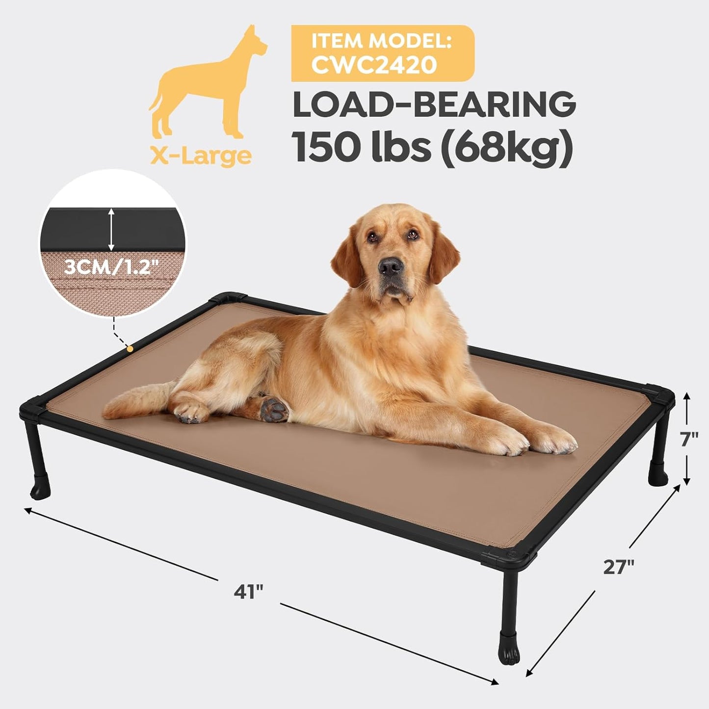 Veehoo Chew-Proof Elevated Dog Bed, Durable Training Platform for Large Dogs, Indoor/Outdoor Raised Pet Cot, Brown, 41x27inches, Model CWC2420CP