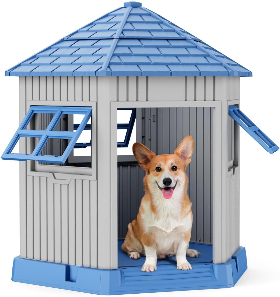 DRATO Dog House Indoor Outdoor Durable Large Dog Shelter with Outside Dog Kennel with Window and Elevated Floor for Small Medium Dogs (Blue, by)