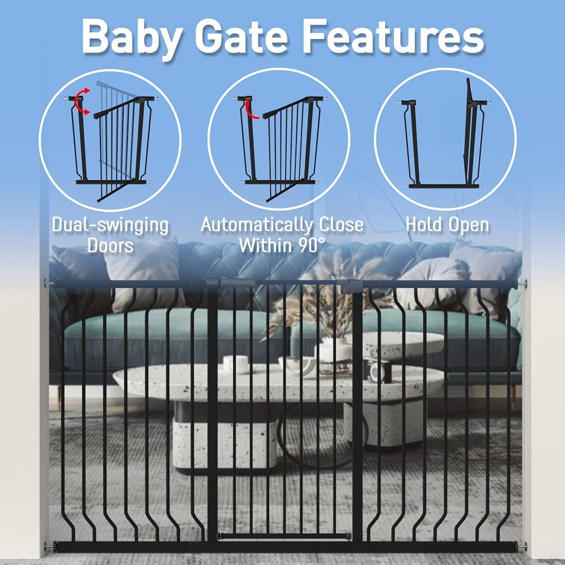 WAOWAO Extra Tall 40.55" Baby Gate 29.92-46.85" Wide Pressure Mounted Walk Through Swing Auto Close Safety Black Metal Toddler Child Dog Pet for Indoor Stairs,Doorways,Kitchen