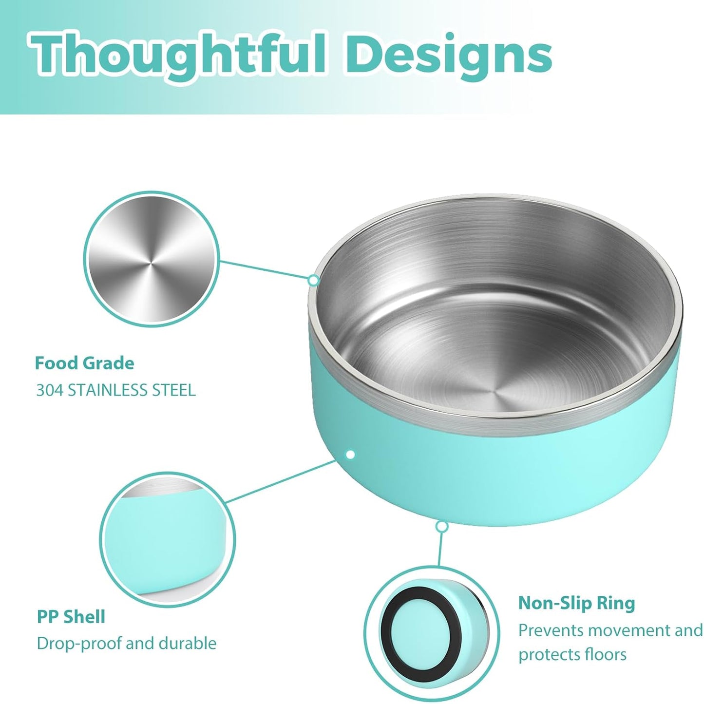 Stainless Steel Dog Bowl - Metal Water and Food Dish for Large Dogs, Insulated, Non-Slip, Easy Clean, 64oz, MintGreen