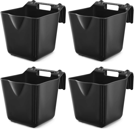 4 Pack 15 Quart Horse Feeders for Stall Hook Over Hanging Fence Hay Feeder Mountable Livestock Plastic Feed Bucket for Farm Stalls Pasture, Stable to Feed Horses Sheep Cattle Cows Etc(Black)