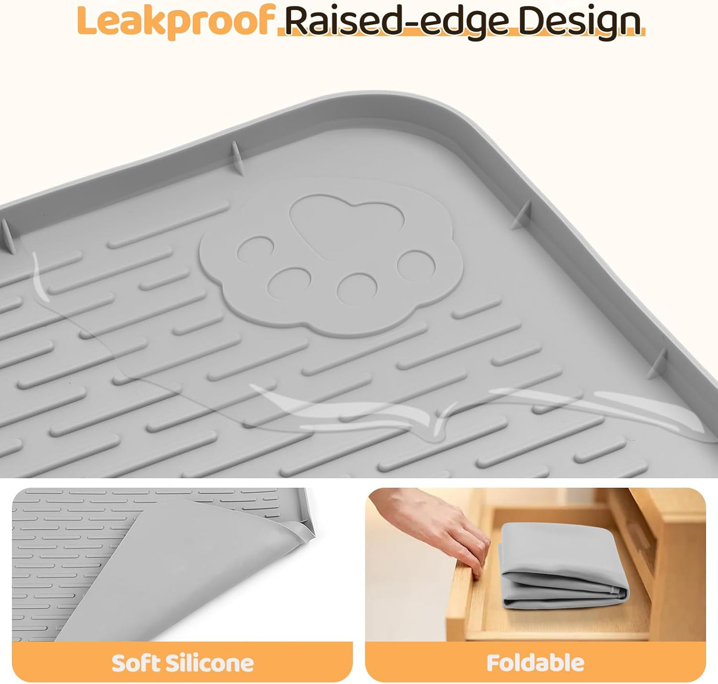 Dog Food Mat, Extra Large 50" x 35" Silicone Pet Feeding Mat with Raised Edge Pet Placemat for Small, Medium, and Large Pets Non-Slip, Easy to Clean (Grey)