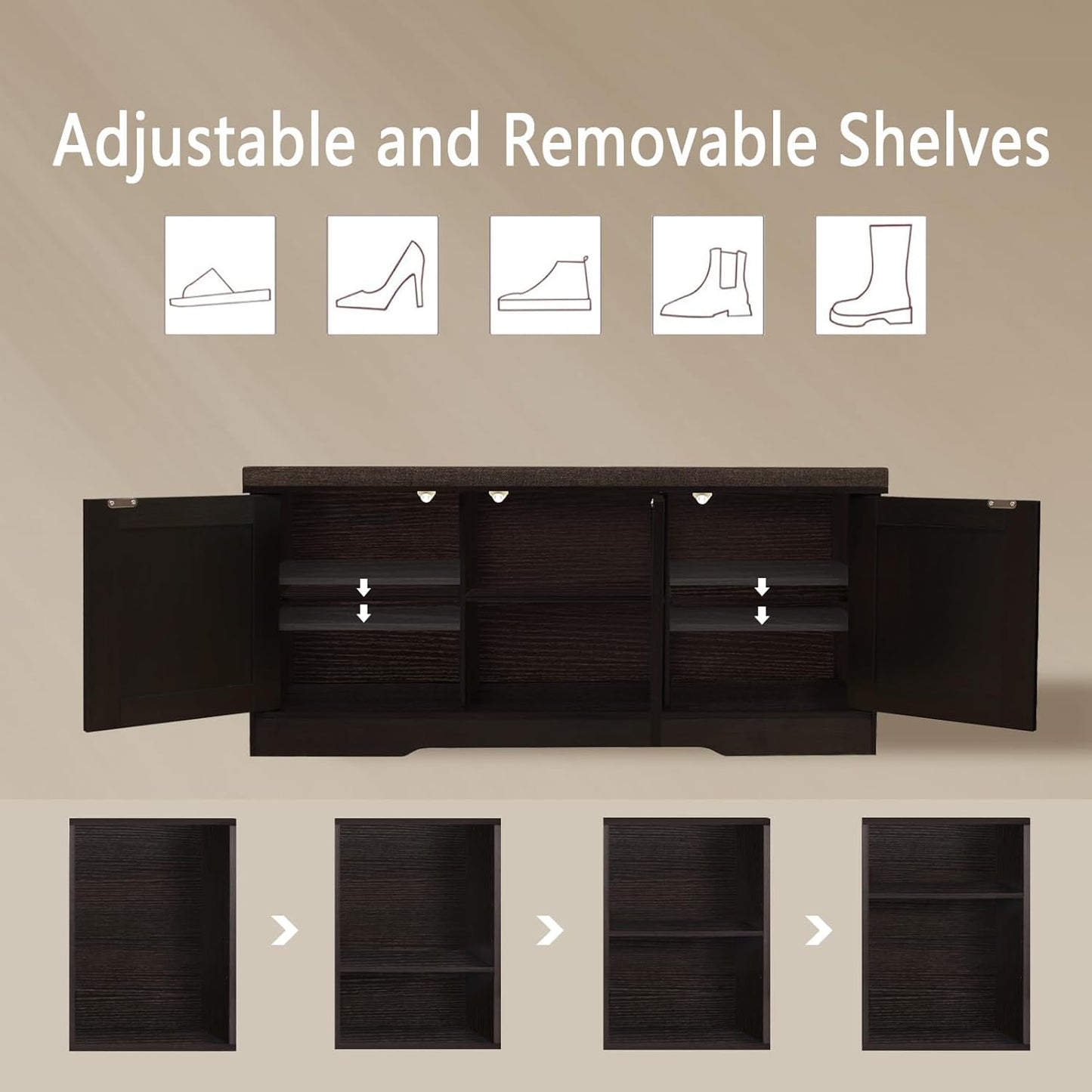 DINZI LVJ Shoe Bench, Entryway Storage Bench with Doors, Cushion, 2-Tier Shoe Rack with 6-Cubby, 39.4”L x 13.8”W Shoe Organizer Cabinet, Adjustable Shelf, Living Room, Bedroom, Espresso