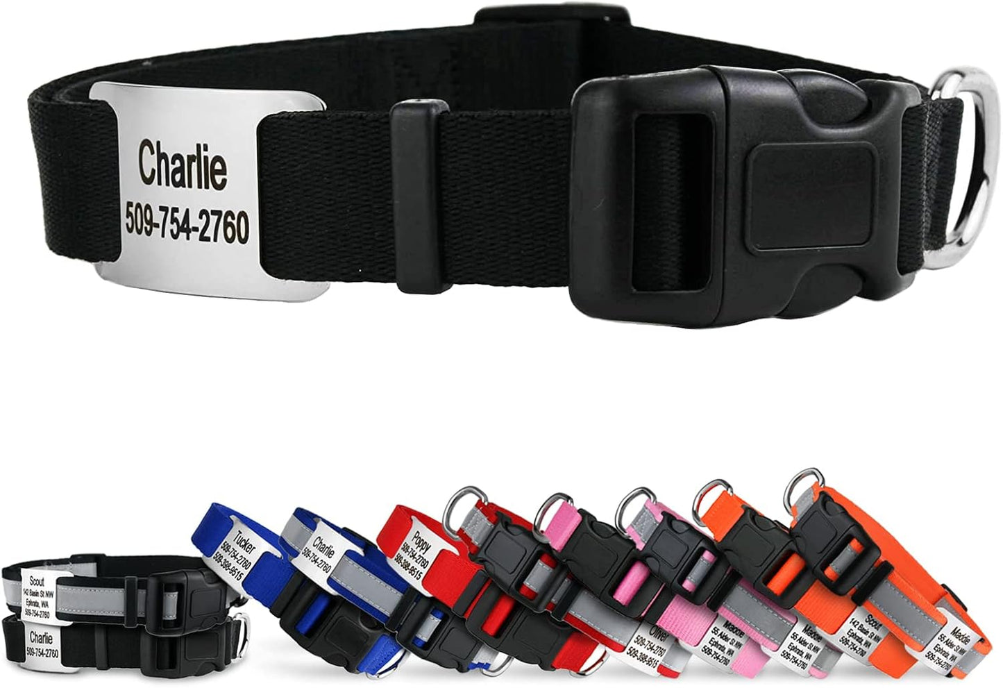 GoTags Personalized Dog Collar with Nameplate, Adjustable Dog Collar with Custom Engraved Slide On Pet ID Tag in Stainless Steel, Silent, No Noise Dog Tag for Large Medium and Small (Black, Medium)