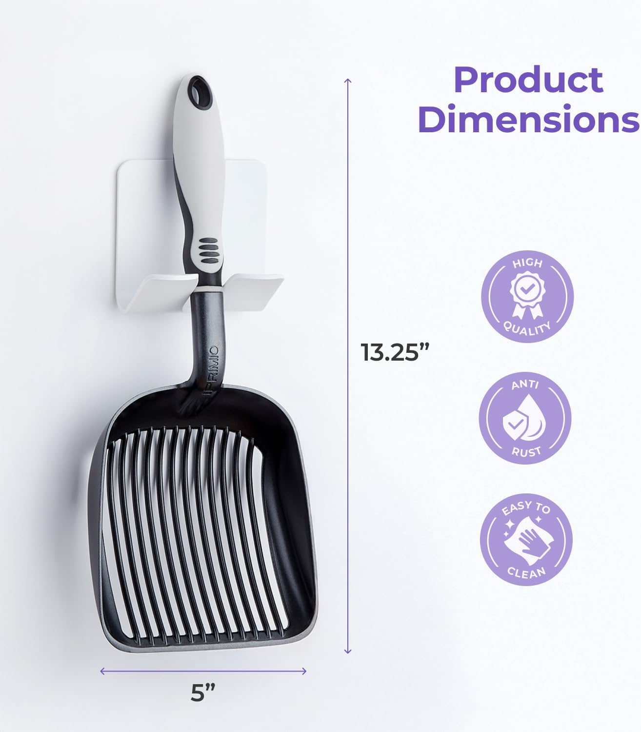 iPrimio Cat Litter Scoop Metal w/ Deep Shovel, Black - Non Stick Plated Aluminum Cat Litter Scooper with Holder - Litter Box Scooper - Metal Cat Litter Scoop - Patented Sifter w/ Holder - Solid Handle