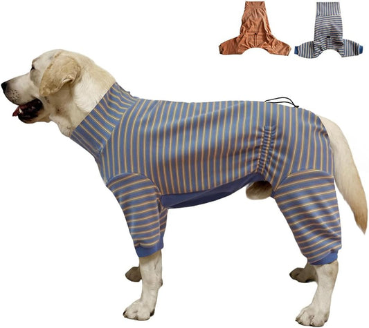 Dog Pyjamas PJS Sweater Clothes and Home Clothing Suitable for Large to Giant Breeds of Dogs, Dog Surgery Recovery Suit, Extra-Large Stretch Fabric, Four-Legged (Thickened Blue Stripes, L)
