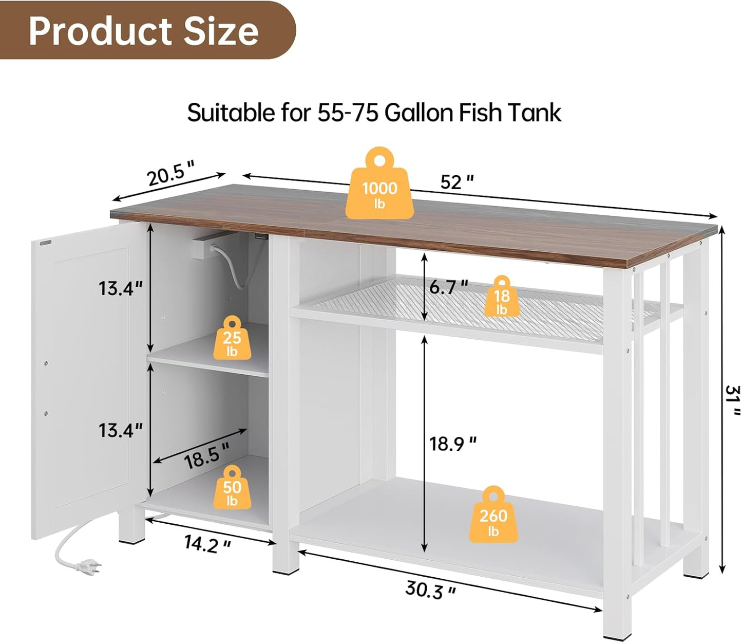Aquarium Stand with Power Outlets, 55-75 Gallon Heavy Duty Fish Tank Stand with Cabinet Storage & Adjustable Shelf, for Fish Tank, Turtle Tank, Reptile Terrarium, 1000LBS Capacity, White