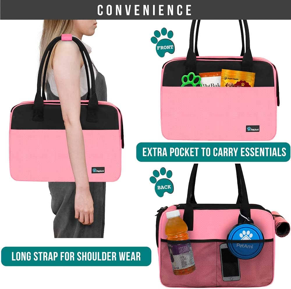 PetAmi Dog Purse Carrier for Small Dogs, Airline Approved Soft Sided Pet Carrier with Pockets, Ventilated Dog Carrying Bag for Puppy Cat, Dog Travel Supplies Bag, Sherpa Bed, Max 12 lbs, Pink