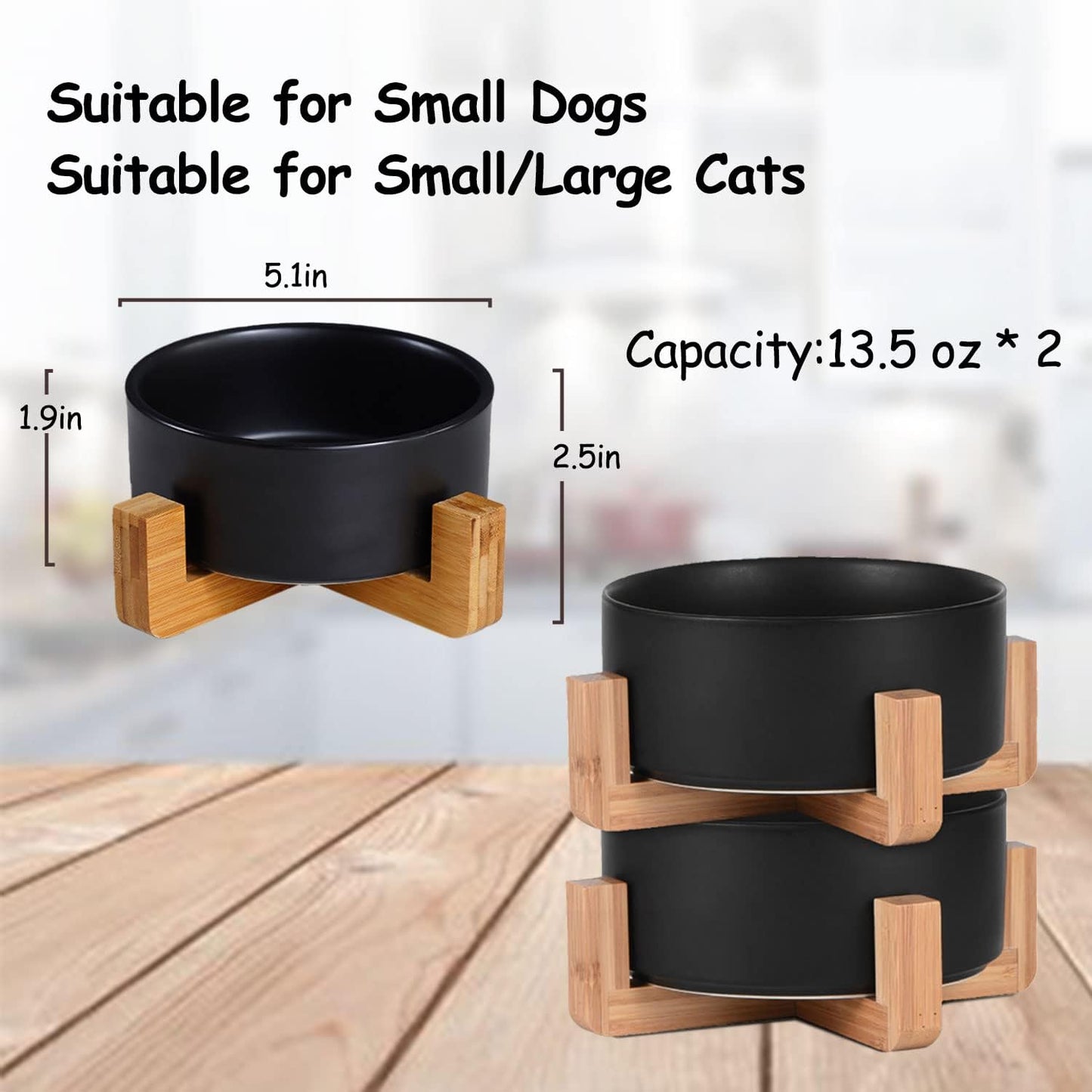Petygooing Ceramic Black Cat Dog Bowl Set with Stand,Small Dog Bowls, Pet Food and Water Dish, Anti Slip Set of 2 Cat Bowl-Pet Food Dishes- Pet Bowls Small Size Pet (13.5OZ/5.1 in)
