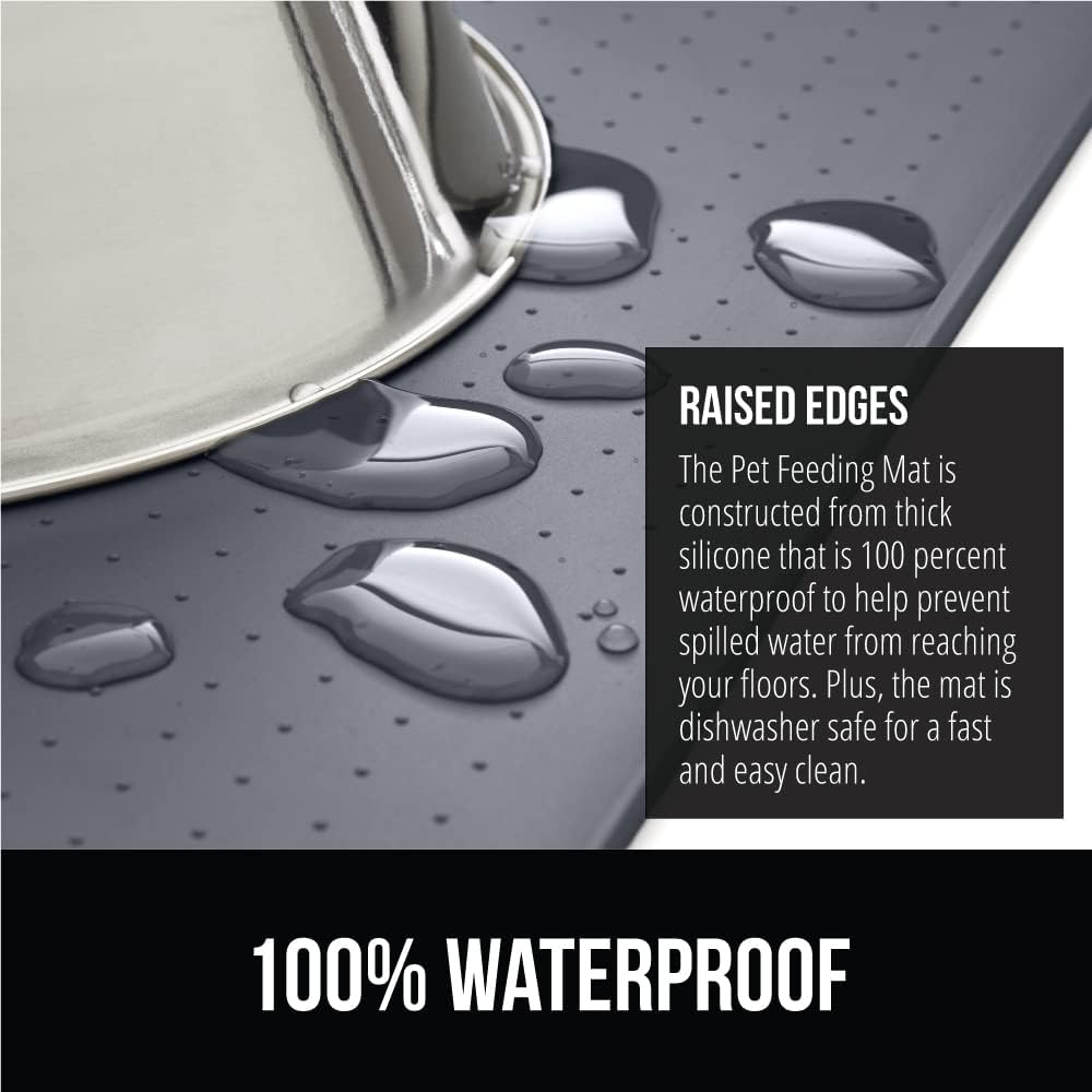 GORILLA GRIP 100% Waterproof Raised Edge BPA Free Silicone Pet Feeding Mat, Dog Cat Food Mats Contain Spills Protects Floors, Placemats for Cats and Dogs Water Bowl, Pets Accessories 28x18 Gray