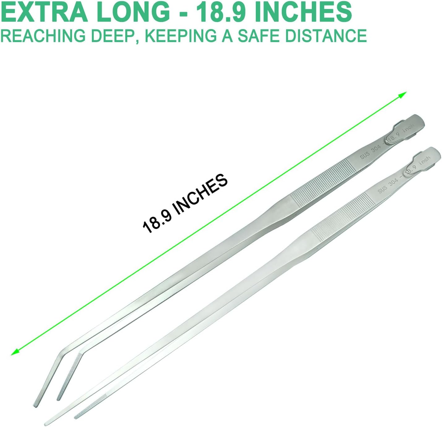 2pcs 18.9 inch Aquarium Tweezers with Hanger, 2025 New Extra Long Feeding Tongs, Stainless Steel Large Aquascape Tools for Fish Tank, Terrarium，Aquascaping, Reptile Snake (Curved & Straight)