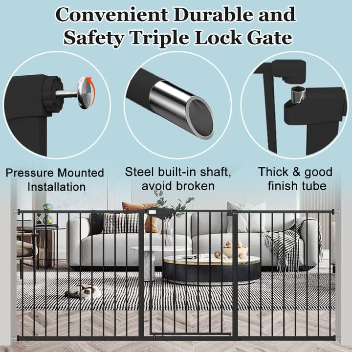 WAOWAO Triple Lock Baby Gate Extra Wide 76.77-81.49" Pressure Mounted Walk Through Swing Auto Close Safety Black Metal Dog Pet Puppy Cat for Stairs,Doorways,Kitchen
