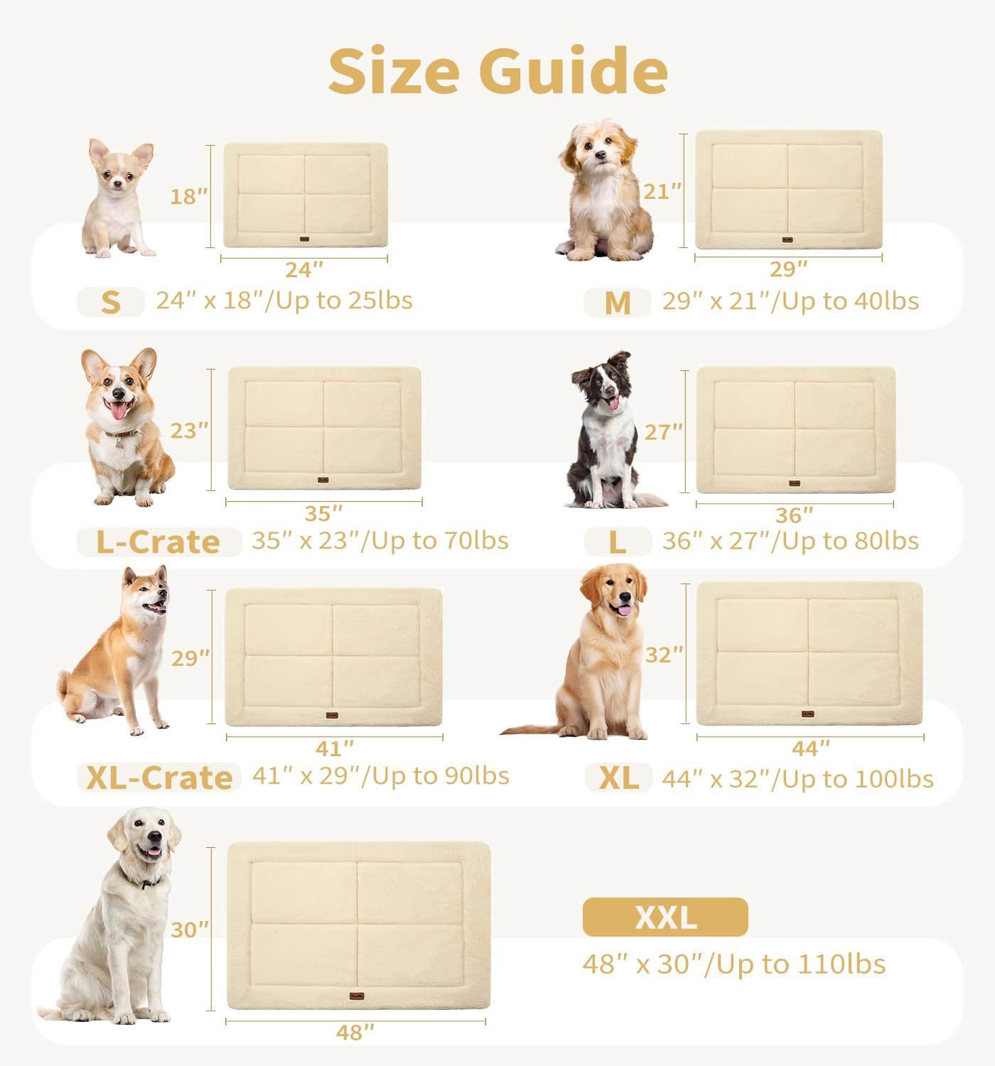 MADE 4 PETS Dog Crate Pad Bed for Large Dogs, Washable & Reversible, Anti-Slip Kennel Mat for Cozy Sleeping, Soft Fluffy Dog Bed for Indoor & Outdoor Use, 41"x29", Beige