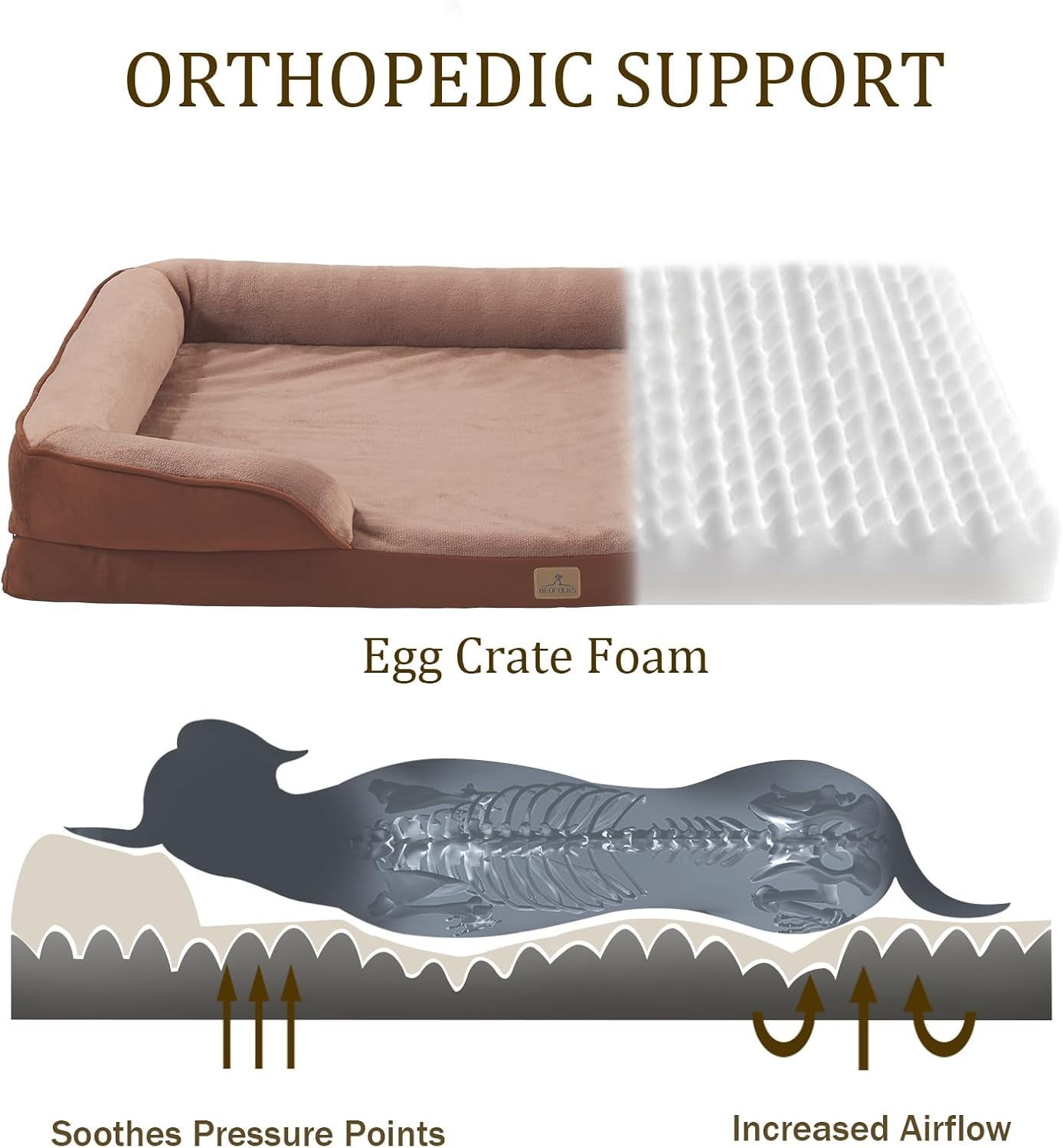 Bedfolks Orthopedic Dog Bed, Big Waterproof Dog Sofa Bed for Large Dogs, Egg Foam Pet Couch Bed with Removable Washable Cover and Nonslip Bottom, Brown