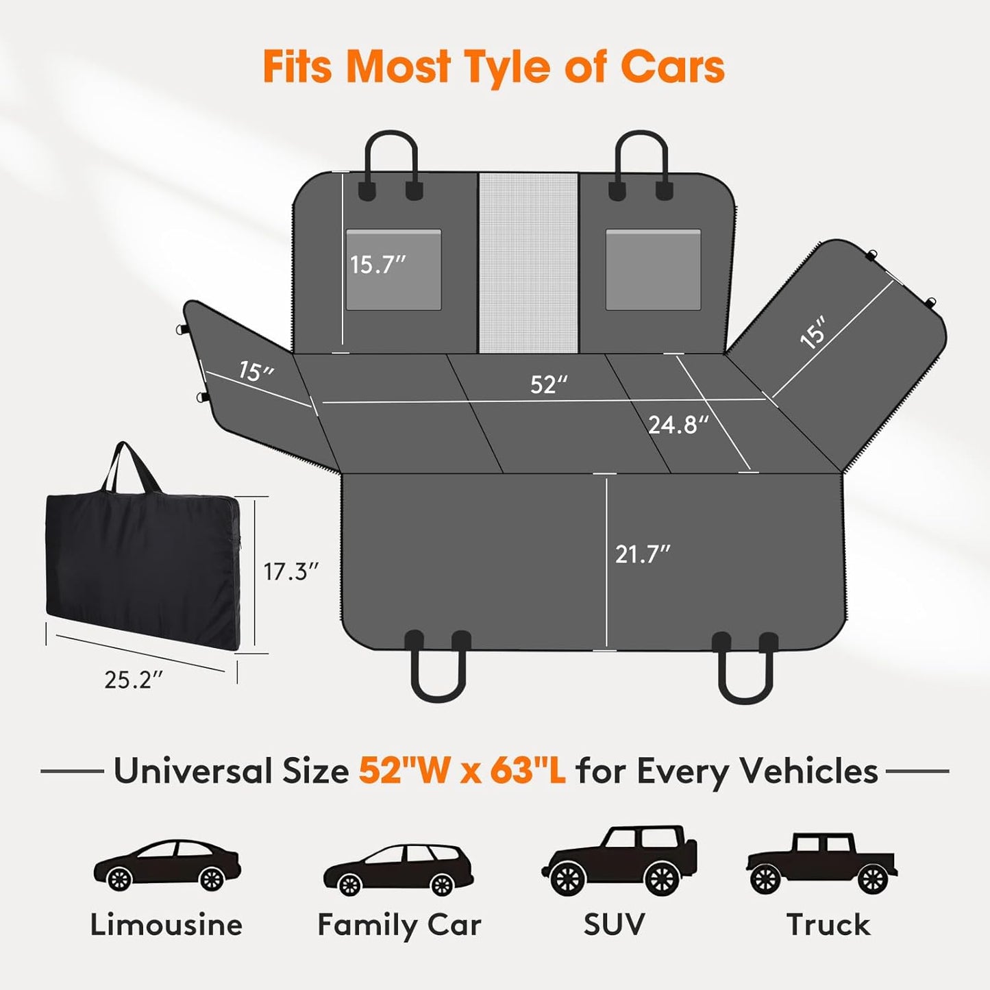 MIXJOY Back Seat Extender - Hard Bottom Dog Car Seat Cover, Waterproof & Foldable Dog Hammock for Car Travel, Grey