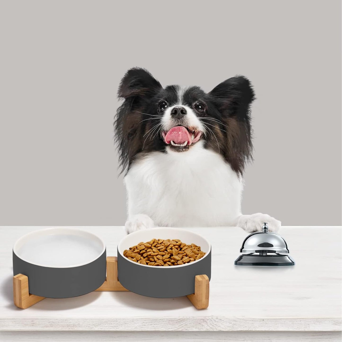 SPUNKYJUNKY Ceramic Dog and Cat Bowl Set with Wooden Stand, Modern Cute Weighted Food Water Set for Small Size Dogs (13.5OZ) & Medium Sized Dogs (28.7OZ) & Cats (1.7 Cups, 2 × White-Grey)