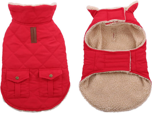 Queenmore Warm Dog Coat, Cold Weather Puffer Jacket with Ultra Thick Plush Lining and Storage Pockets (Red, Large)