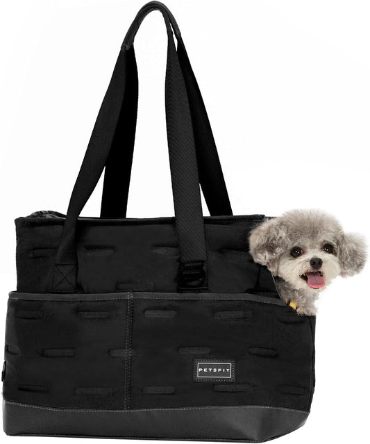 Petsfit Small Dog Purse Carrier, Portable Pet Carrier Tote Cat Carrier with Adjustable Safety Leashs, Pocket, Poop Dispenser, Waterproof TPU Bottom, Black
