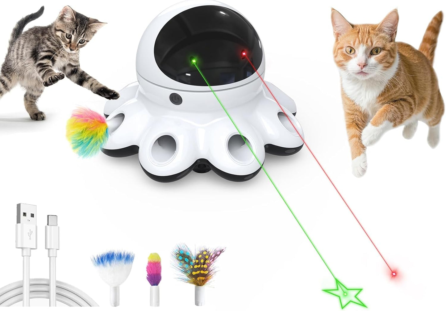 ORSDA Cat Laser Toy, 2-in-1 Interactive Automatic Motion Activated Moving 8 Holes Whack A Mole Feather, USB Rechargeable Electronic Smart Sensor Kitten Toys for Indoor Exercise